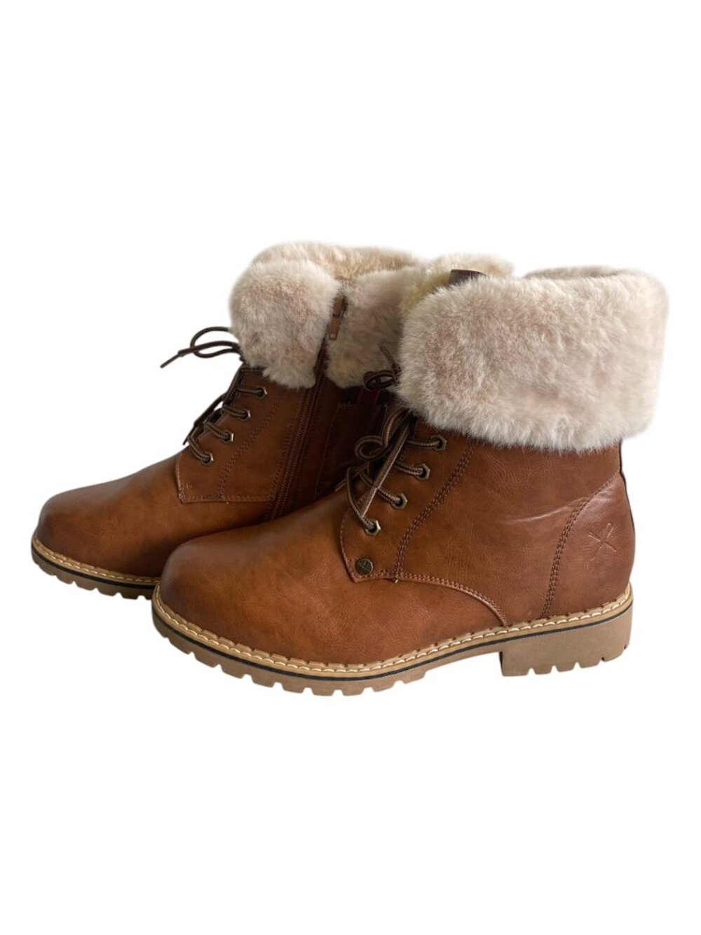 Denver Hayes Womens 11 Cognac Faux Fur Lace Up Side Zip Winter Ice Cleat Boots